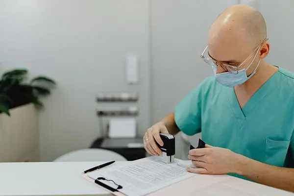 Doctor stamping a letter